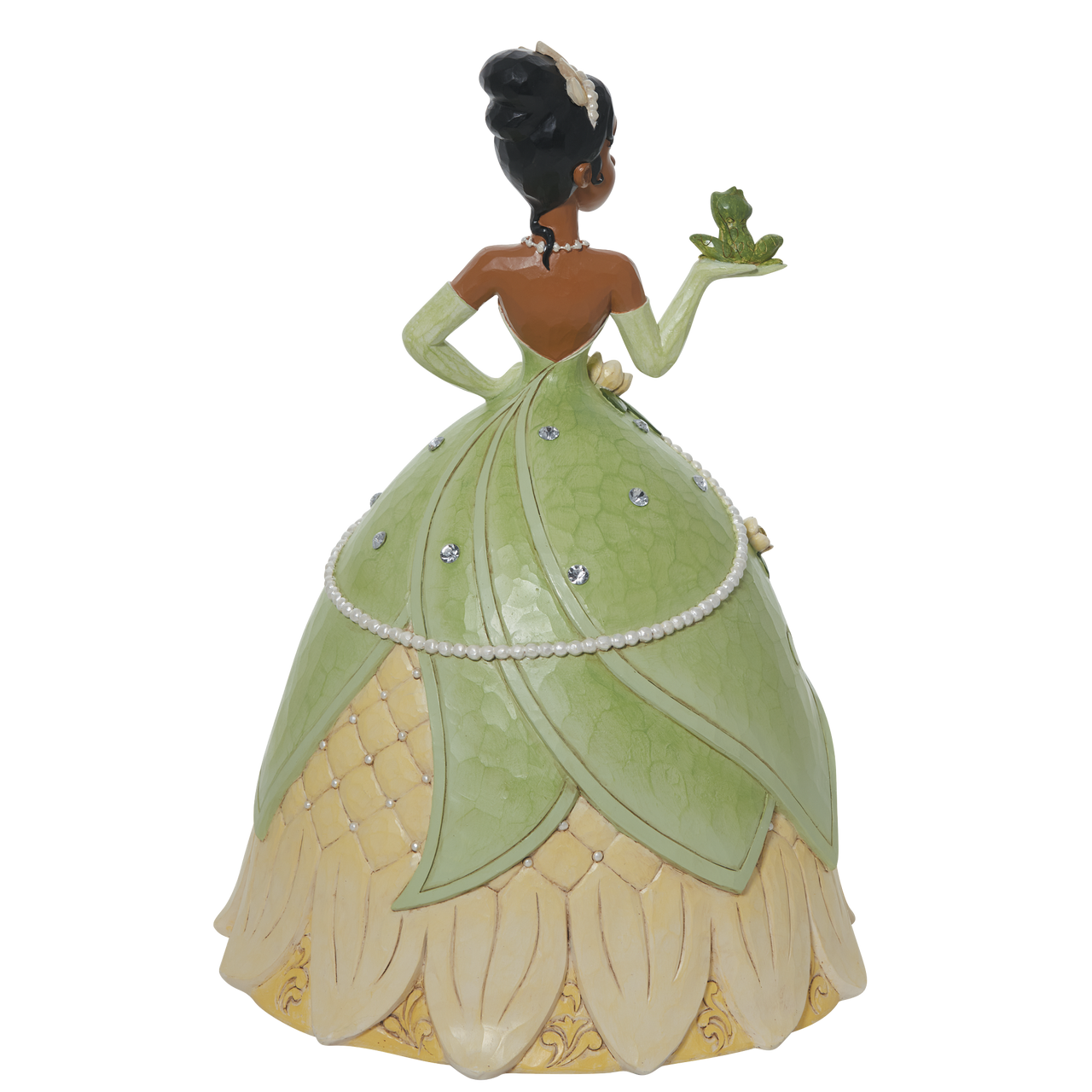 In a spectacular floral dress and tiara, Tiana holds her soon to be prince, the frog.