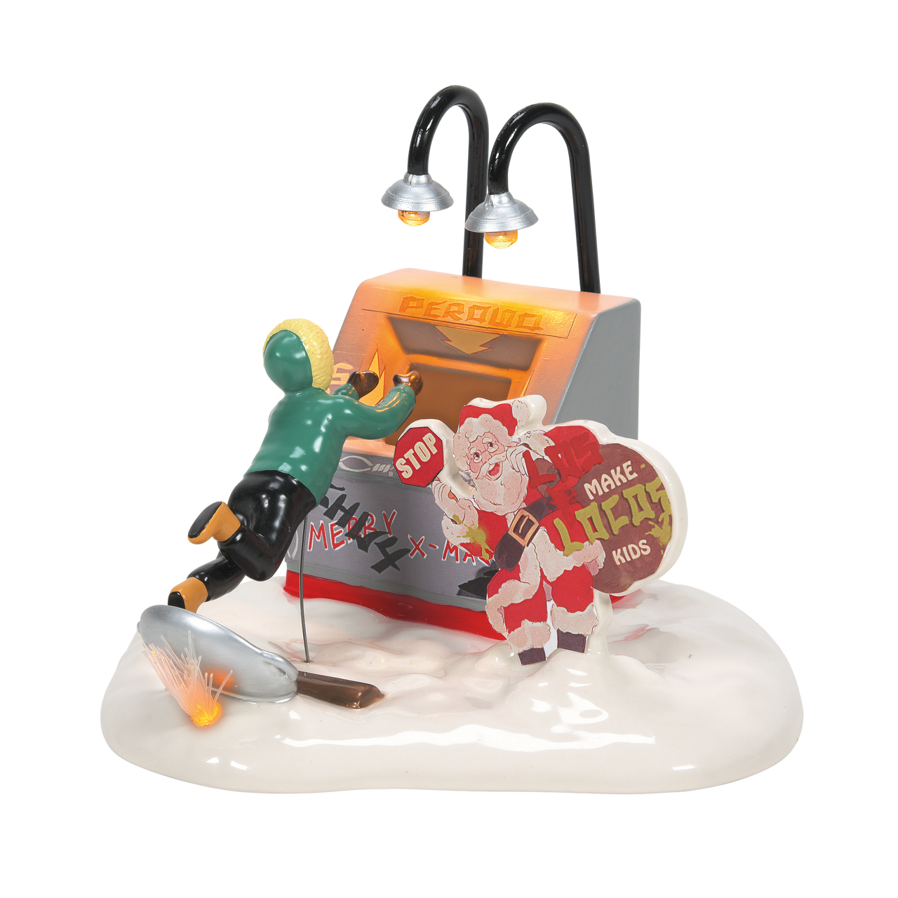 Even the best planned run can create a disaster for Clark Griswold! Look out Clark, there's a dumpster ahead! Clark takes a flying leap as the cardboard Santa looks on and chuckles.