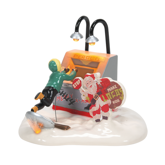Even the best planned run can create a disaster for Clark Griswold! Look out Clark, there's a dumpster ahead! Clark takes a flying leap as the cardboard Santa looks on and chuckles.