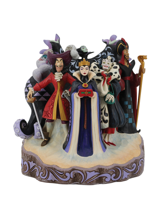 This spectacularly crafted piece by Jim Shore highlights Disney's many villains in compelling style. Ursula, Jafar, and Maleficent share a stage of horror with Cruela, Captain Hook, and the Evil Queen.