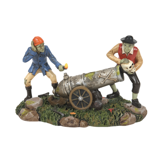 These two unscrupulous pirates are preparing to launch a skull from their ancient iron cannon, such skullduggery behavior is typical for pirates of the Caribbean.