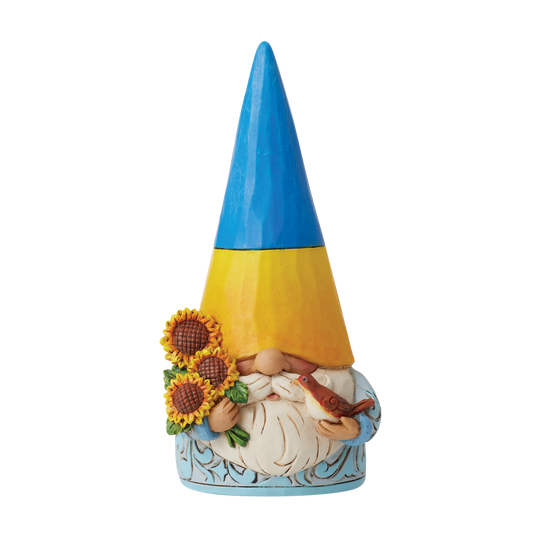 The Ukraine Gnome holds a Nightingale their official bird and a bouquet of sunflowers the national flower.